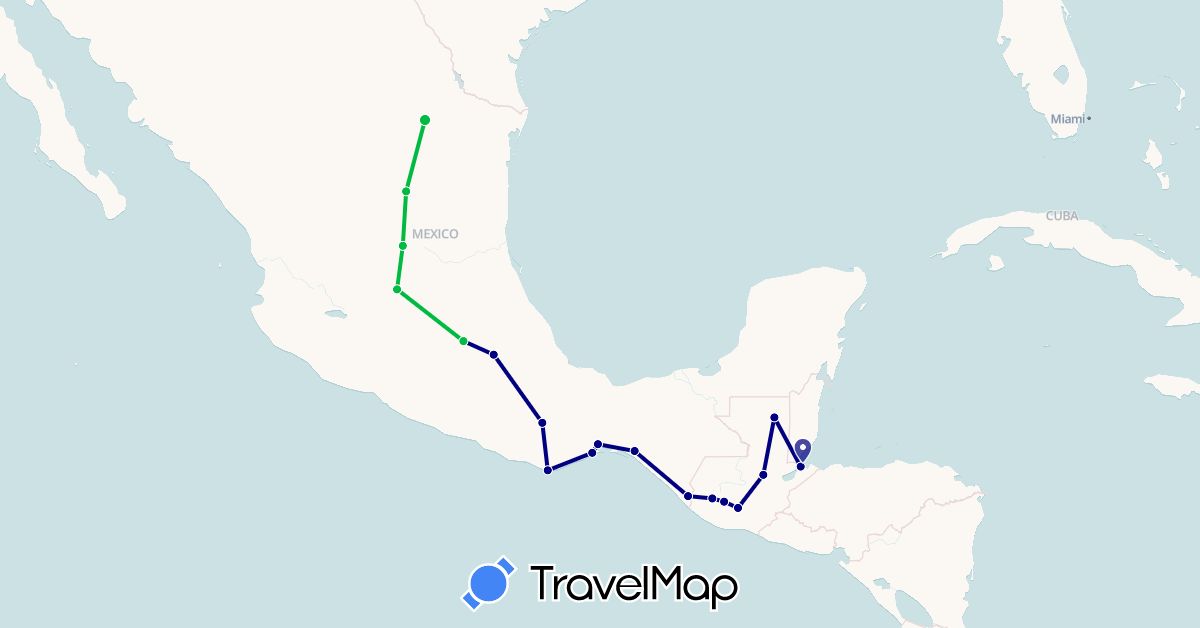 TravelMap itinerary: driving, bus in Guatemala, Mexico (North America)